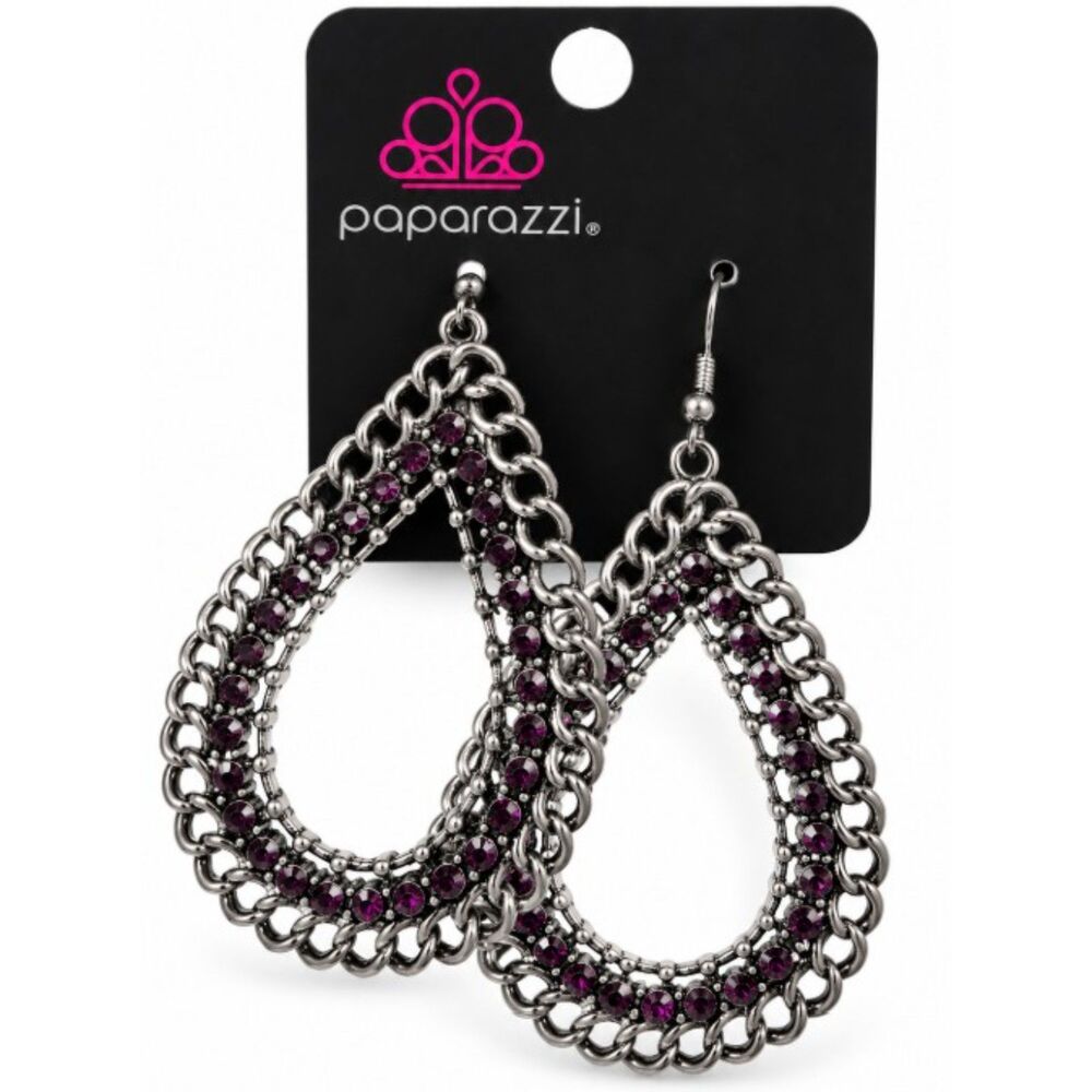 Paparazzi Mechanical Marvel Purple Earrings Teardrop Silver Chain Dangle